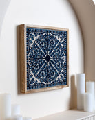 Navy Framed Suzani Textile 16x16" - Marble Lotus - Suzani Textile | Blue Framed Textile Art 16x16"