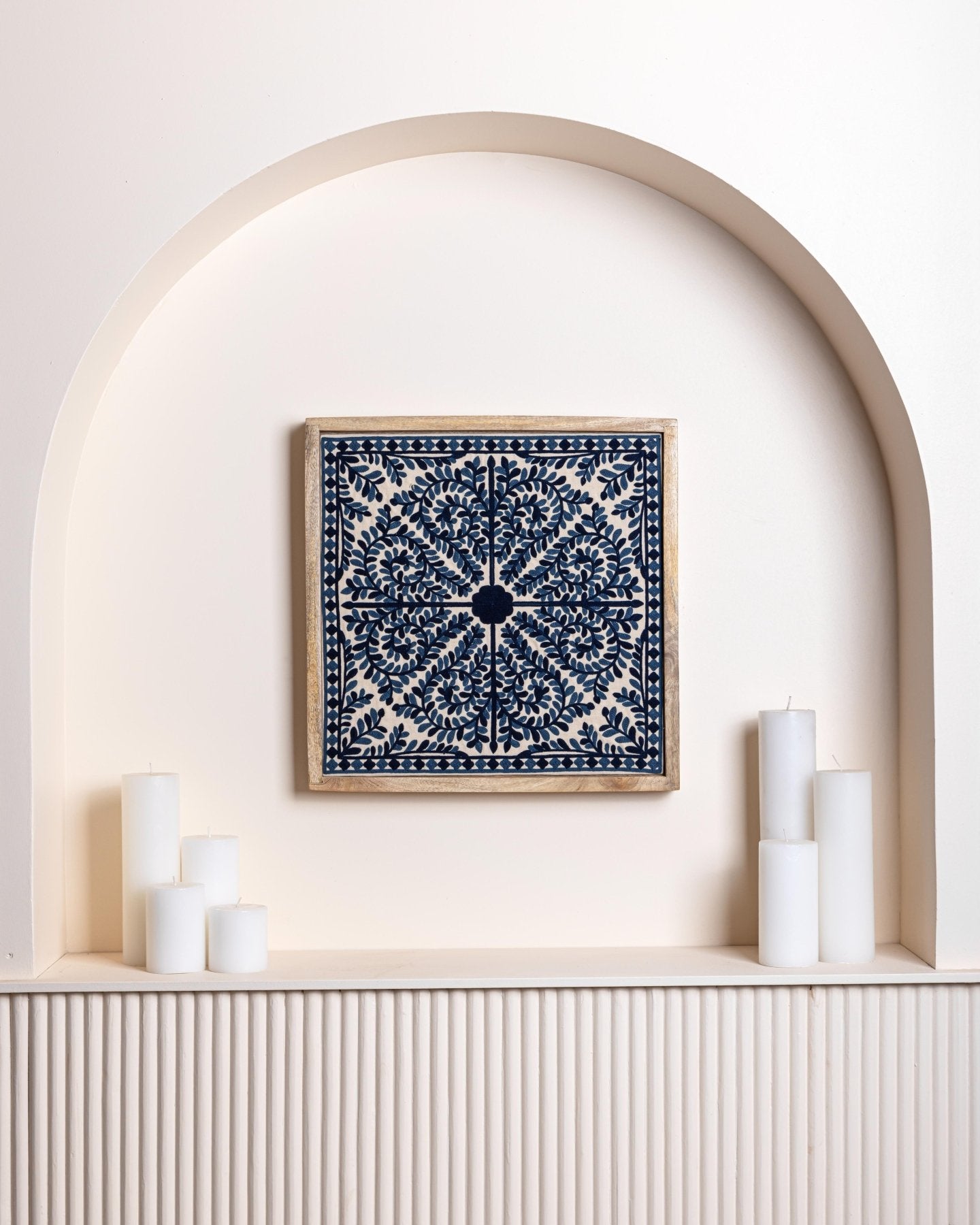 Navy Framed Suzani Textile 16x16" - Marble Lotus - Suzani Textile | Blue Framed Textile Art 16x16"