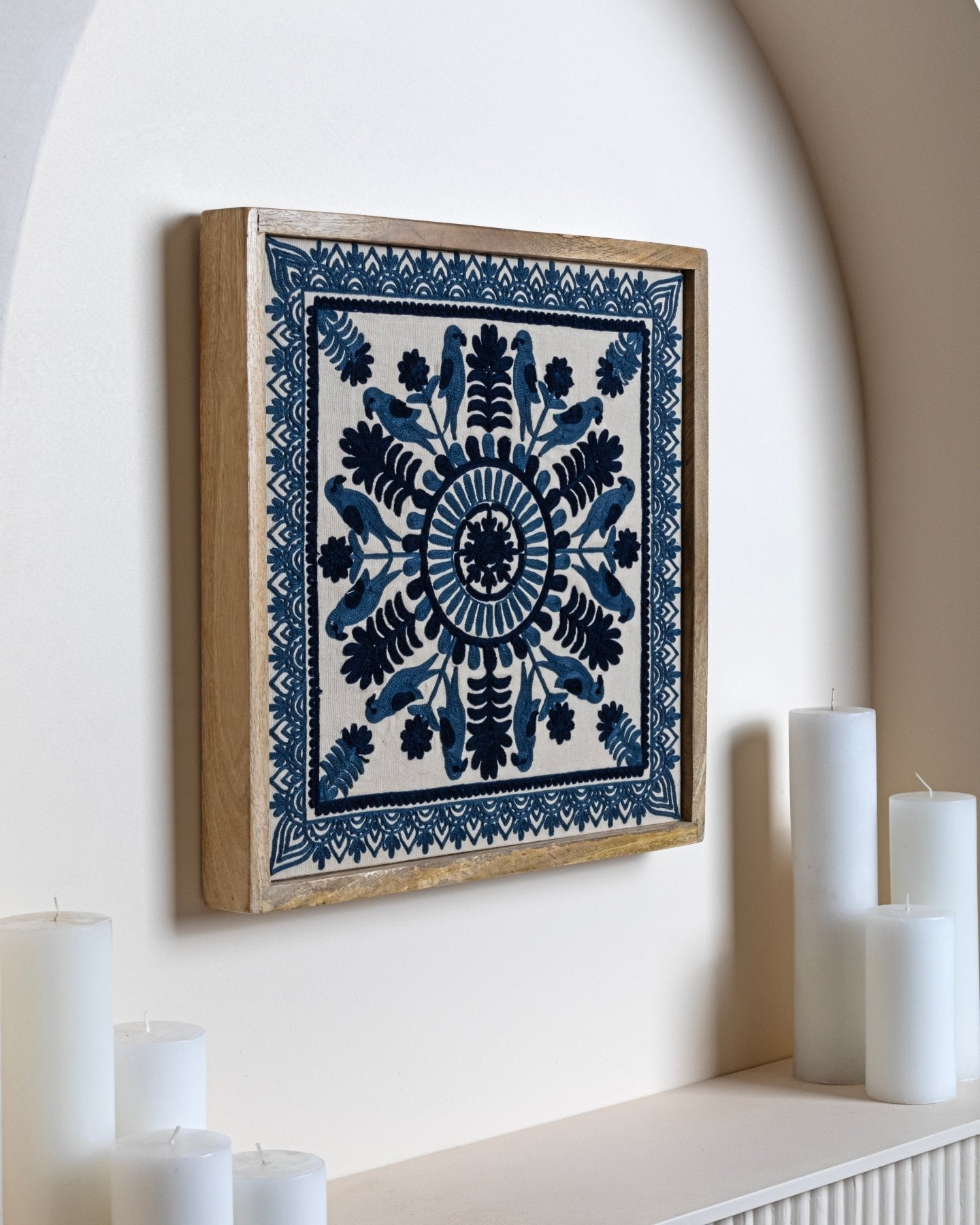 Navy Framed Suzani Textile 16x16" - Marble Lotus - Suzani Textile | Blue Framed Textile Art 16x16"