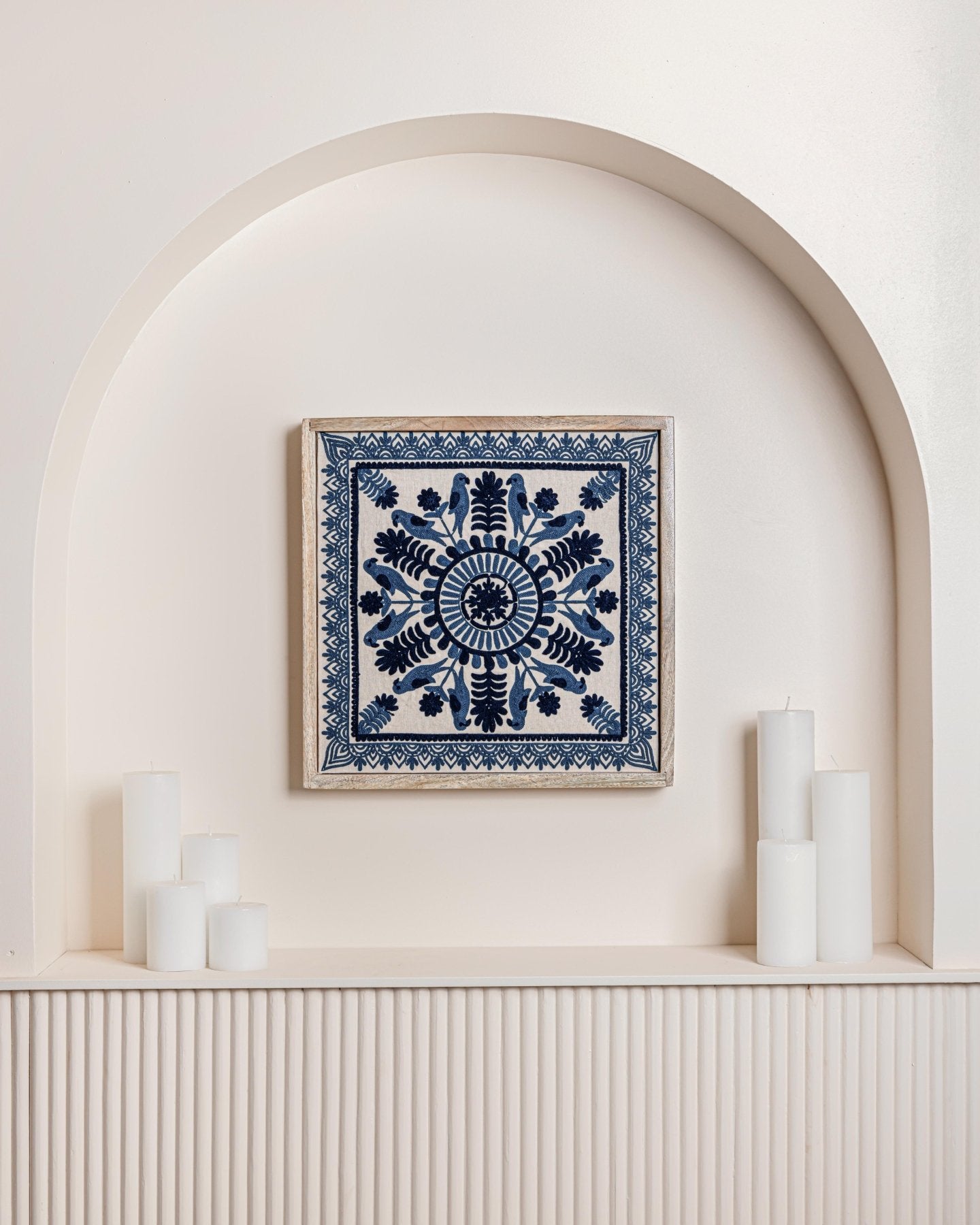 Navy Framed Suzani Textile 16x16" - Marble Lotus - Suzani Textile | Blue Framed Textile Art 16x16"