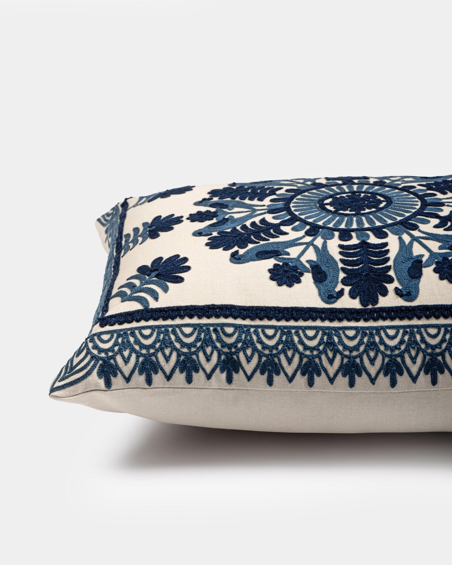 Navy Suzani Pillow Cover Fauna 16x20" - Marble Lotus - Suzani Pillow | Blue Pillow Cover Fauna 16x20" | Made in Jaipur