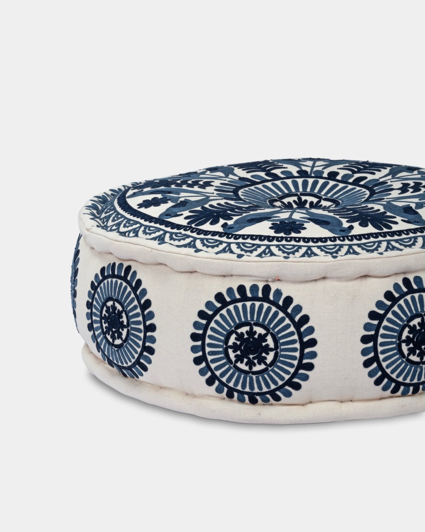 Navy Suzani Pouf Fauna - Marble Lotus - Suzani Ottoman | Meditation Pouf | Stackable Pouf | Blue | Handmade