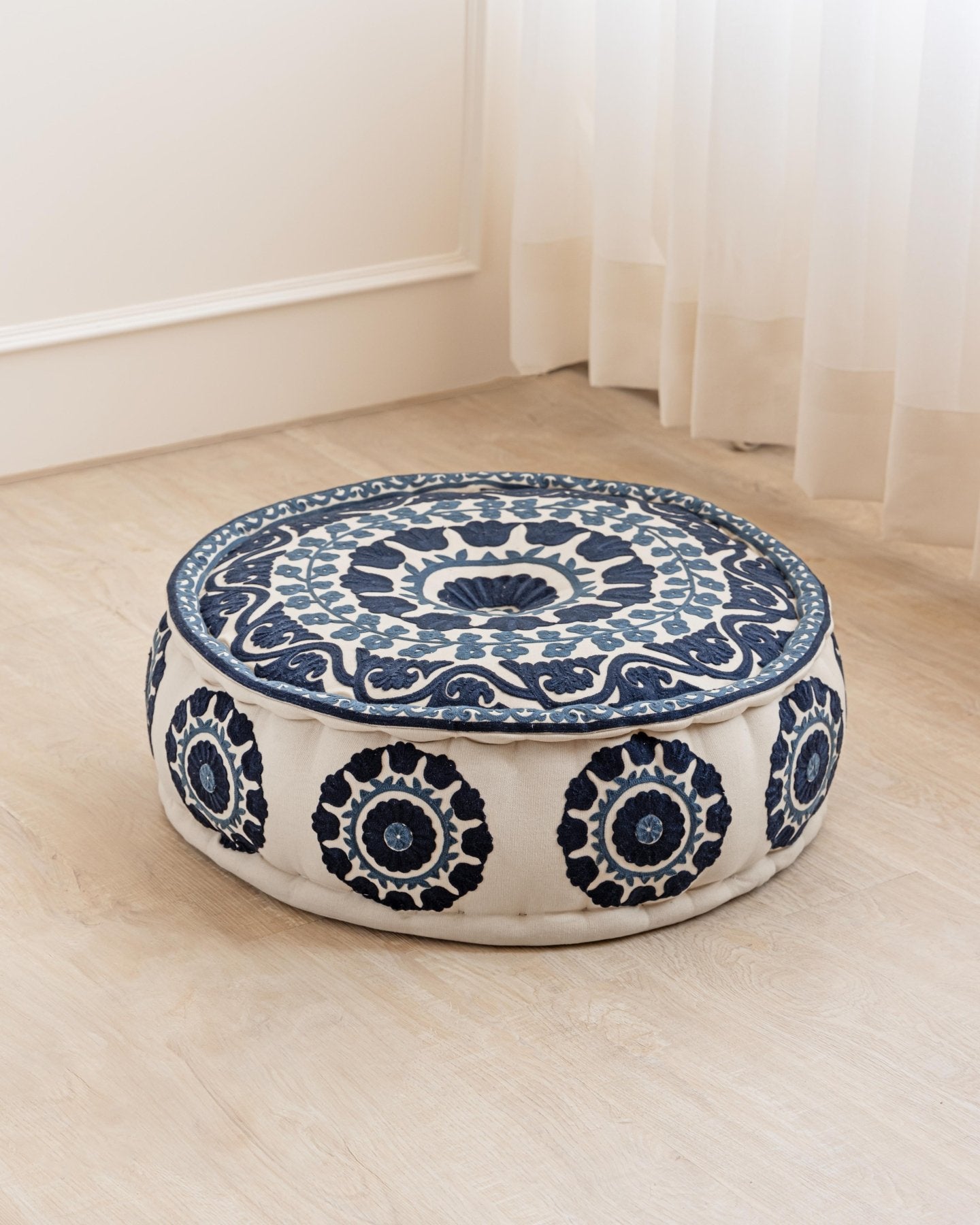 Navy Suzani Pouf Flora - Marble Lotus - Suzani Ottoman | Meditation Pouf | Stackable Pouf | Blue | Handmade