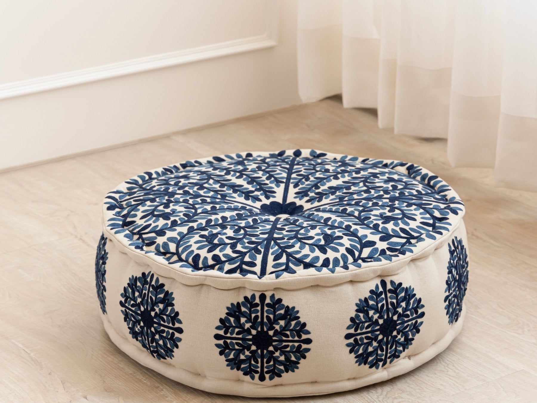 Navy Suzani Pouf Foliage - Marble Lotus - Suzani Ottoman | Meditation Pouf | Stackable Pouf | Blue | Handmade