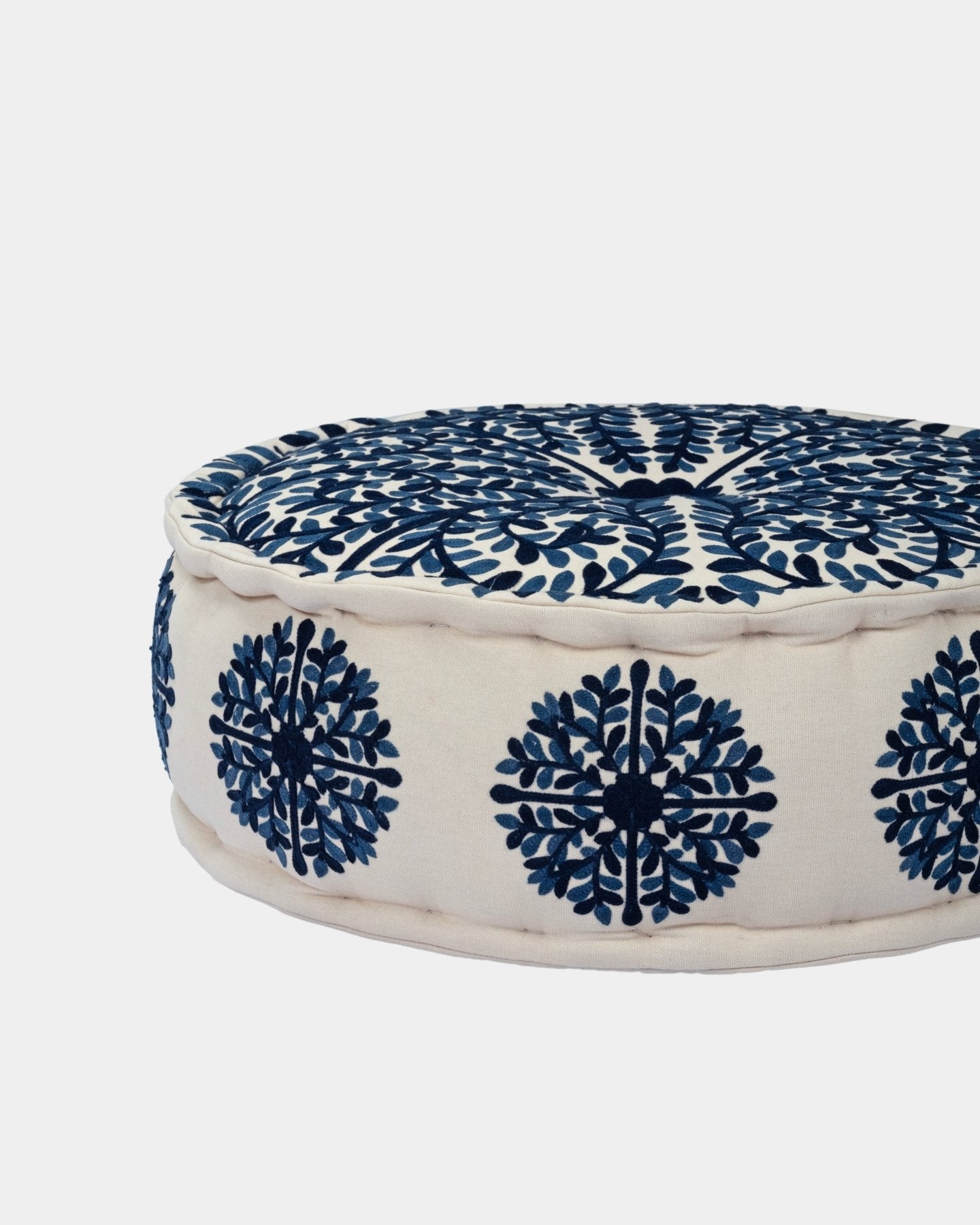 Navy Suzani Pouf Foliage - Marble Lotus - Suzani Ottoman | Meditation Pouf | Stackable Pouf | Blue | Handmade