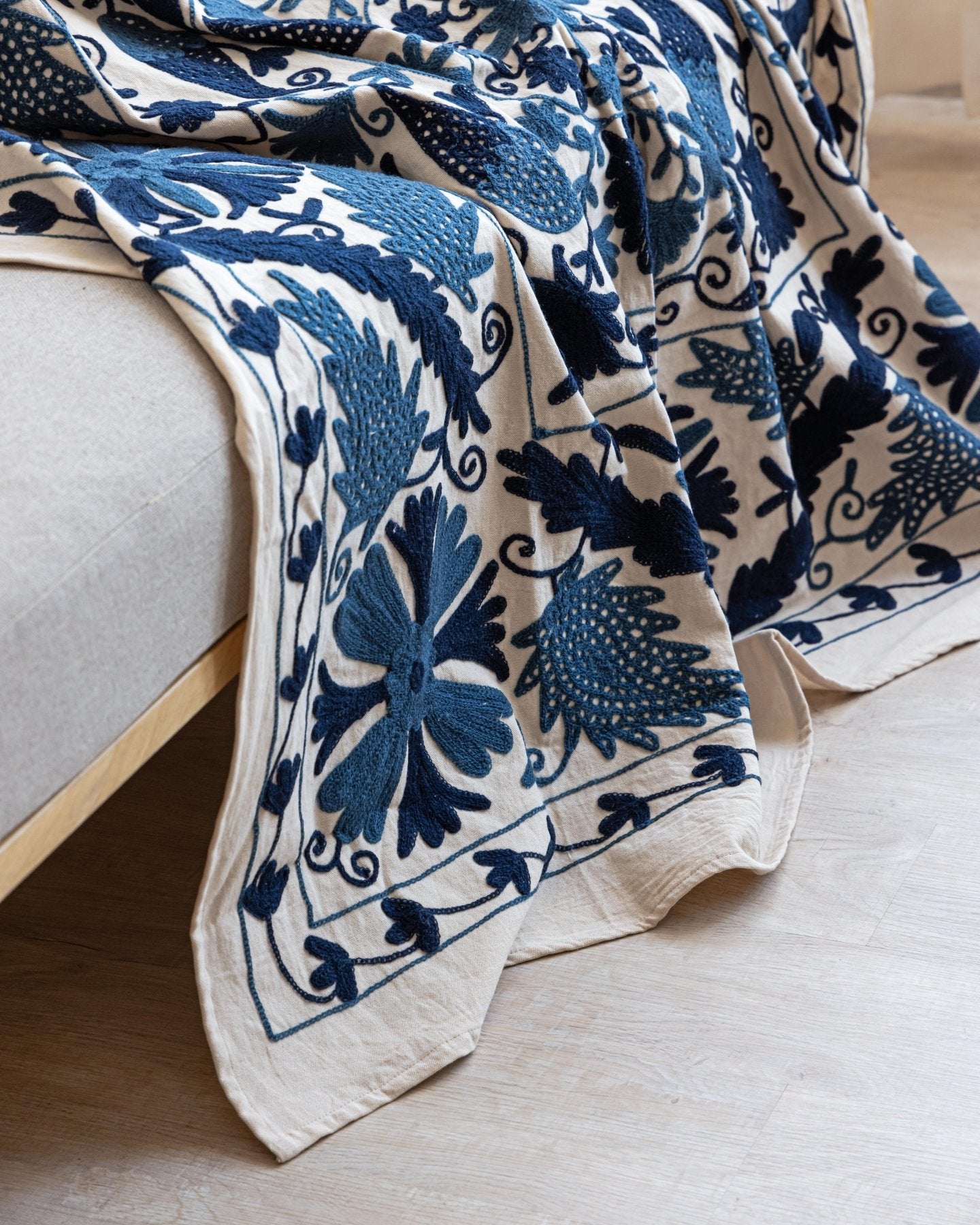 Navy Suzani Tapestry Throw 60x90" - Marble Lotus - Suzani Throw | Blue Tapestry Throw 60x90"