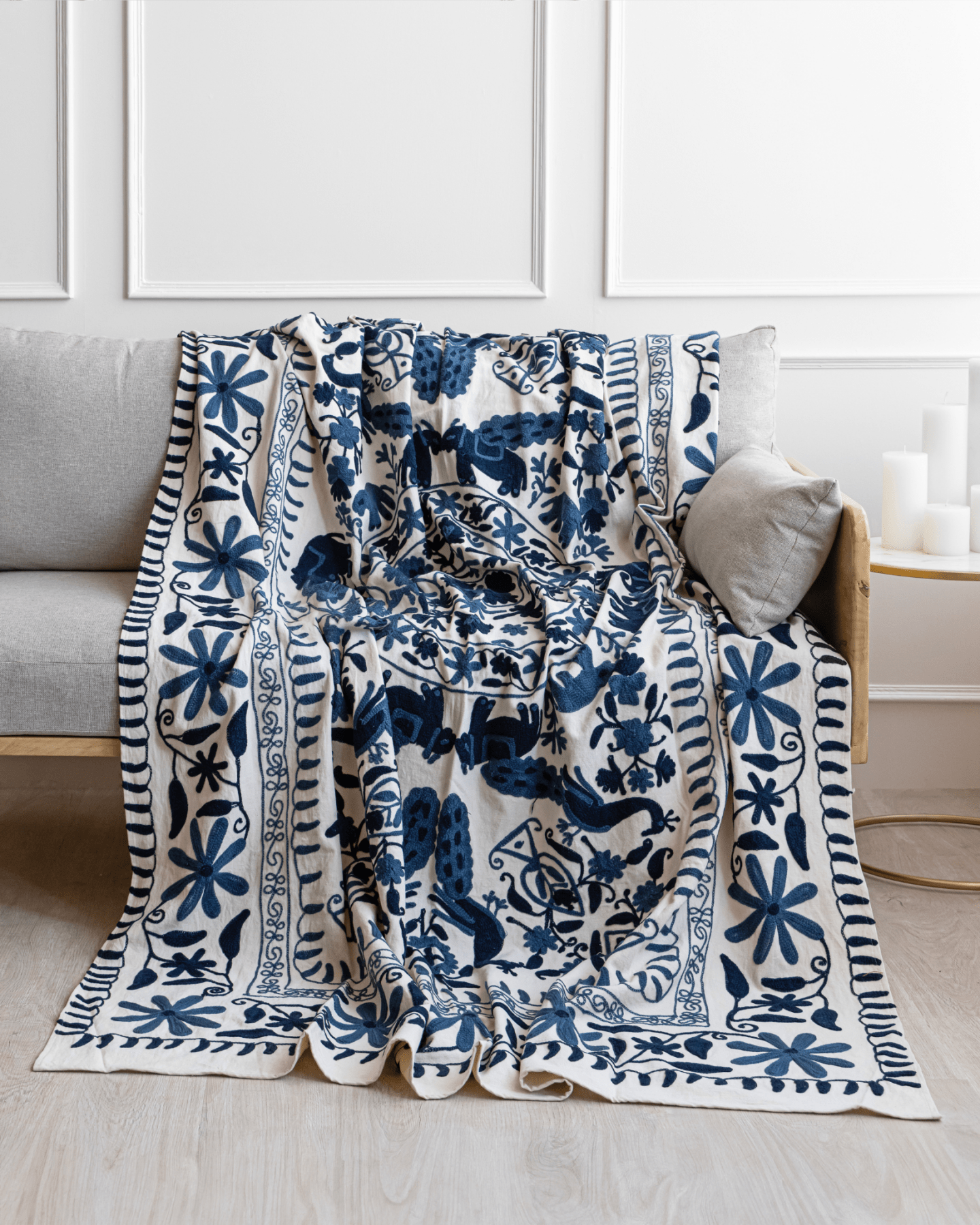 Navy Suzani Tapestry Throw 60x90" - Marble Lotus - Suzani Throw | Blue Tapestry Throw 60x90"