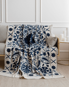 Navy Suzani Tapestry Throw 60x90" - Marble Lotus - Suzani Throw | Blue Tapestry Throw 60x90"