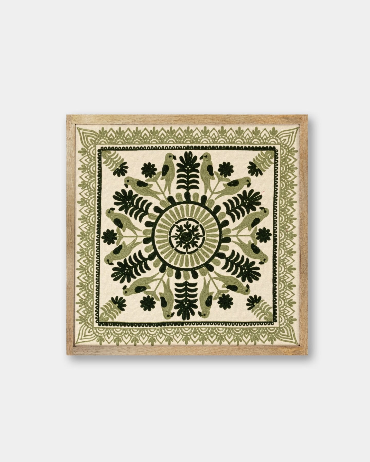 Olive Framed Suzani Textile 16x16" - Marble Lotus - Suzani Textile | Green Framed Textile Art 16x16"