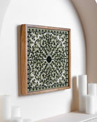 Olive Framed Suzani Textile 16x16" - Marble Lotus - Suzani Textile | Green Framed Textile Art 16x16"