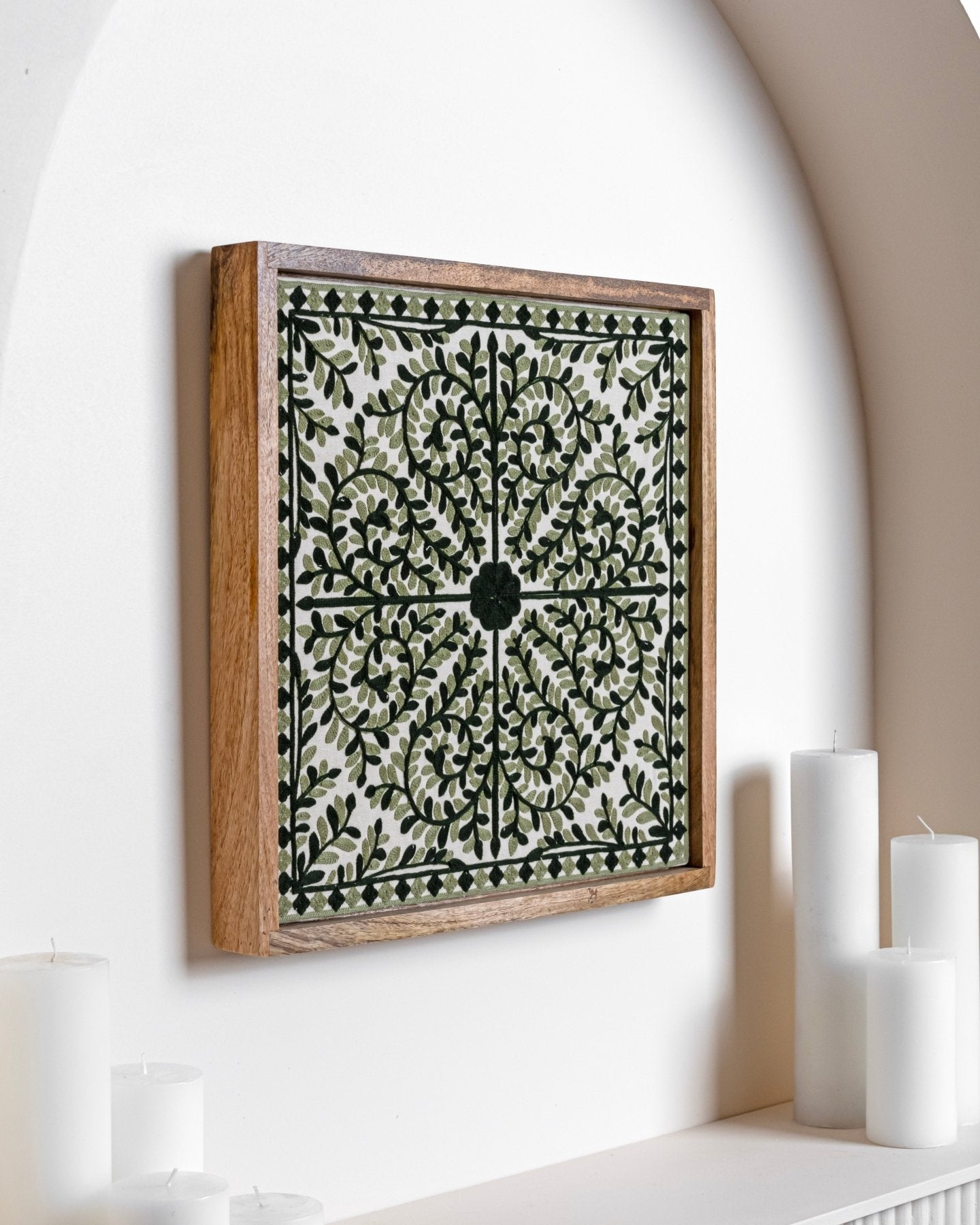 Olive Framed Suzani Textile 16x16" - Marble Lotus - Suzani Textile | Green Framed Textile Art 16x16"