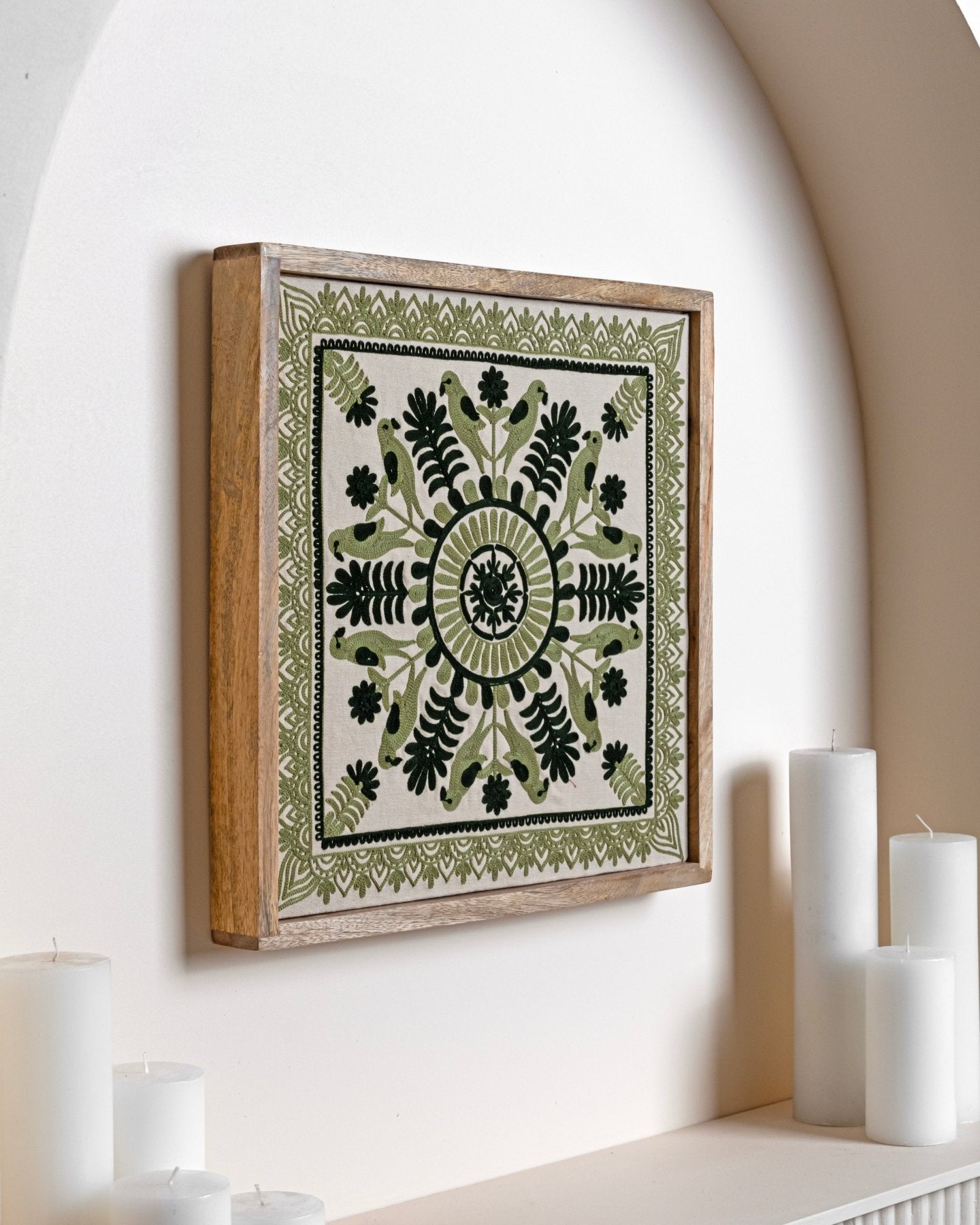 Olive Framed Suzani Textile 16x16" - Marble Lotus - Suzani Textile | Green Framed Textile Art 16x16"