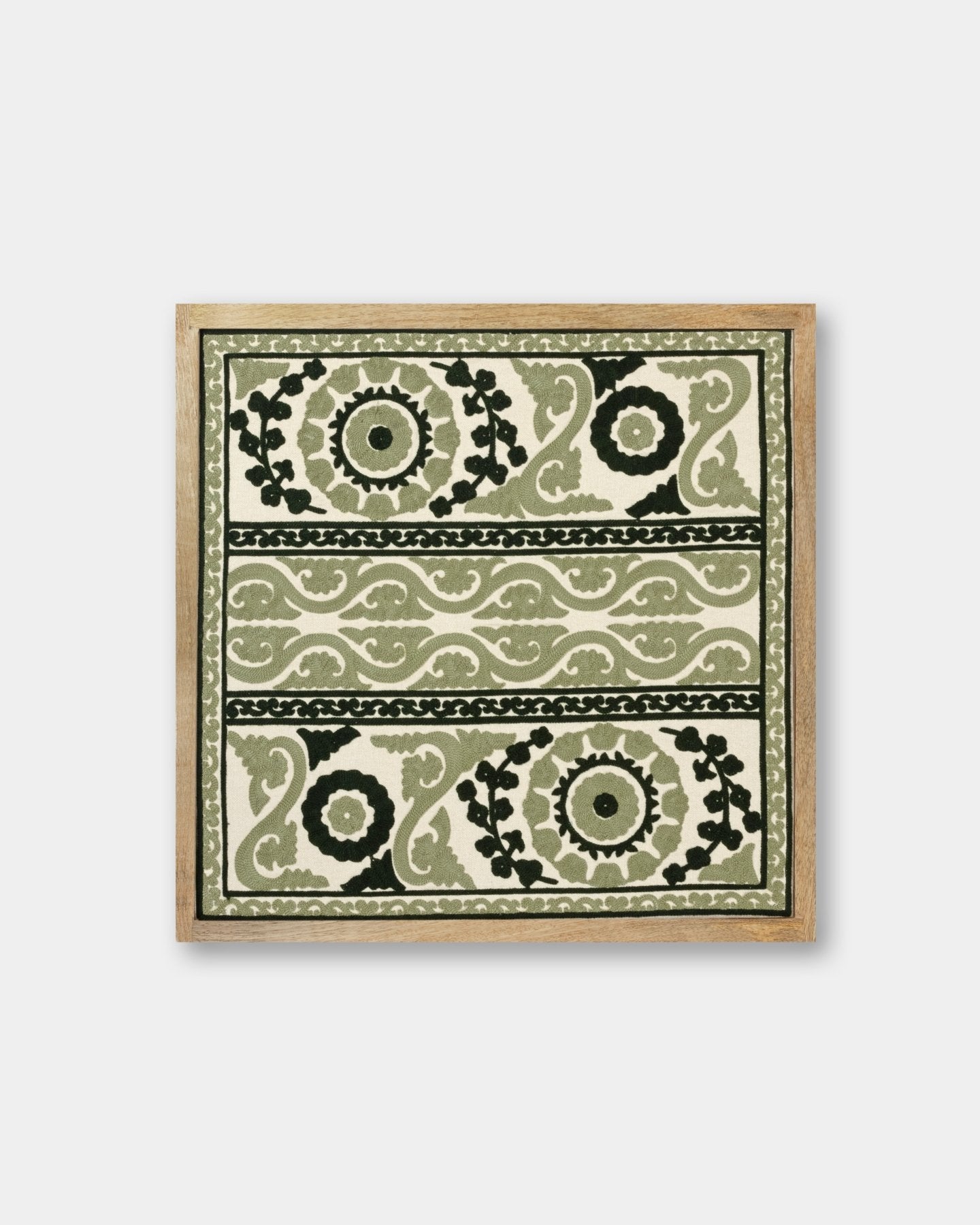 Olive Framed Suzani Textile 16x16" - Marble Lotus - Suzani Textile | Green Framed Textile Art 16x16"