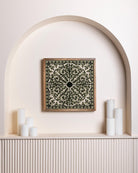 Olive Framed Suzani Textile 16x16" - Marble Lotus - Suzani Textile | Green Framed Textile Art 16x16"