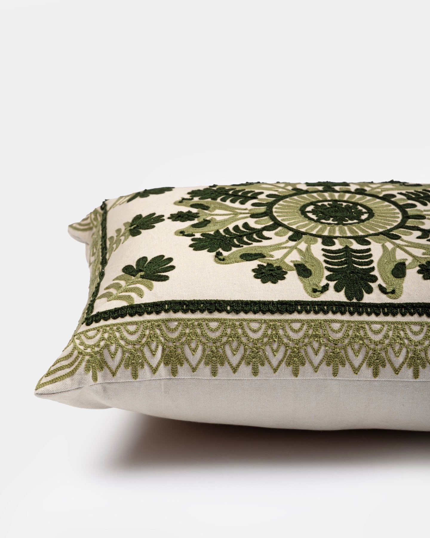 Olive Suzani Pillow Cover Fauna 16x20" - Marble Lotus - Suzani Pillow | Green Pillow Cover Fauna 16x20" | Made in Jaipur