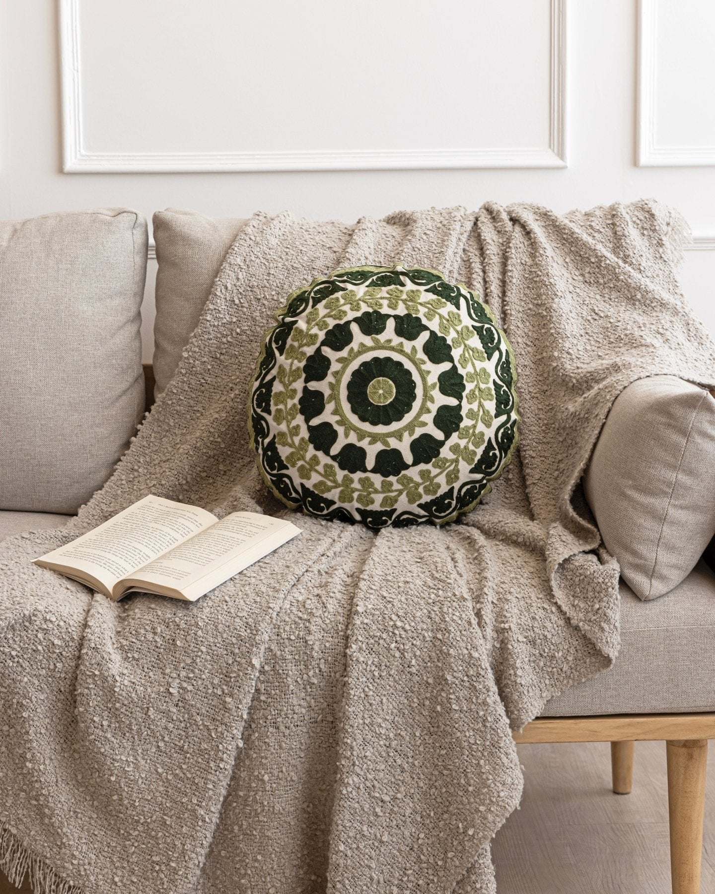 Olive Suzani Pillow Cover Flora 16" Round - Marble Lotus - Suzani Pillow | Green Pillow Cover Flora 16" Round | Made in Jaipur