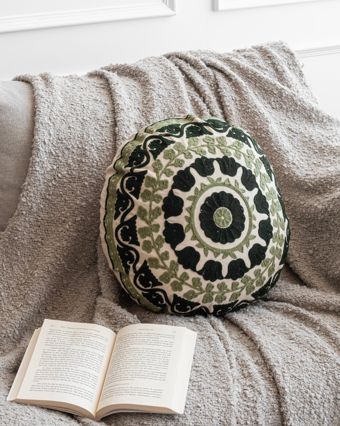 Olive Suzani Pillow Cover Flora 16" Round - Marble Lotus - Suzani Pillow | Green Pillow Cover Flora 16" Round | Made in Jaipur