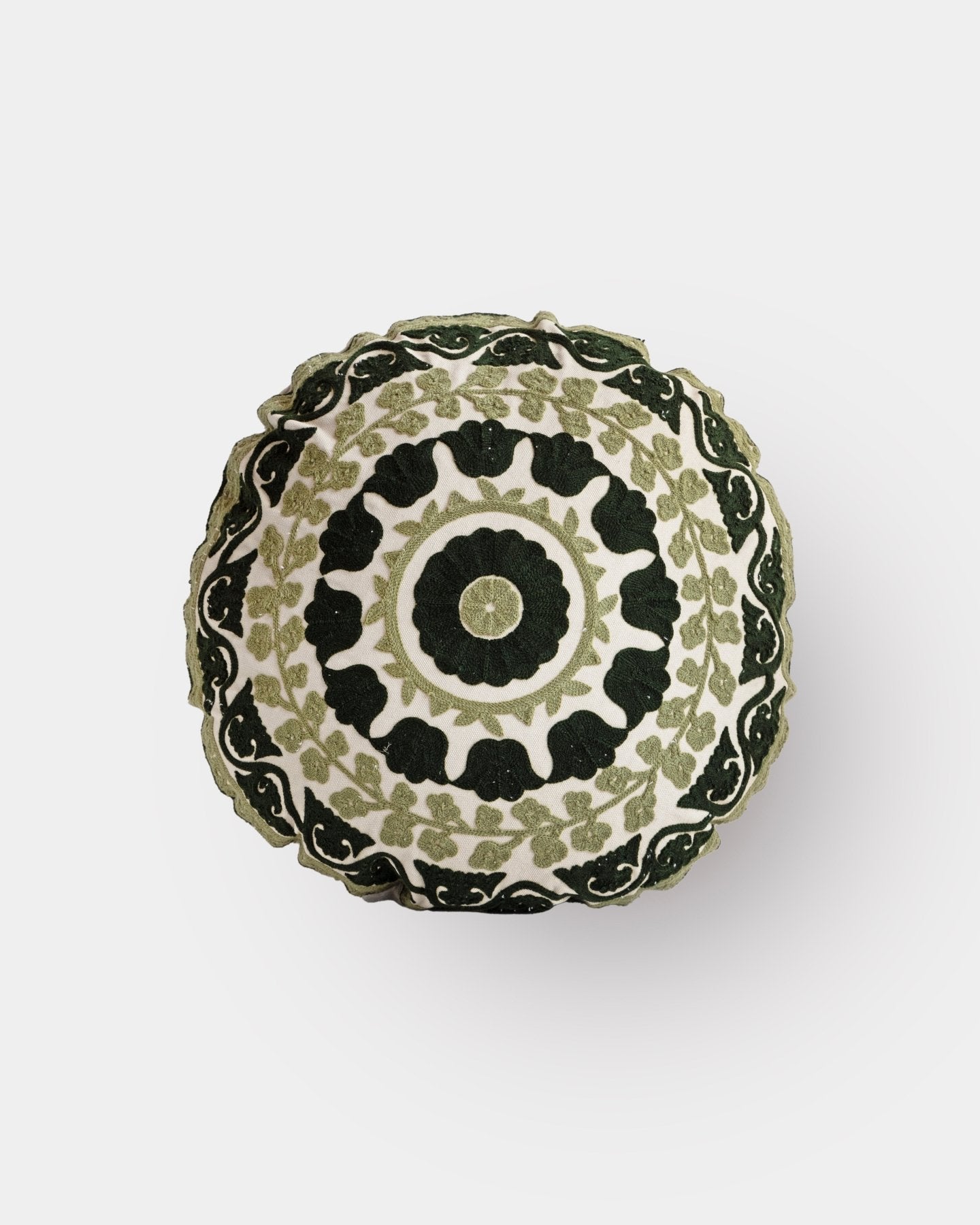 Olive Suzani Pillow Cover Flora 16" Round - Marble Lotus - Suzani Pillow | Green Pillow Cover Flora 16" Round | Made in Jaipur