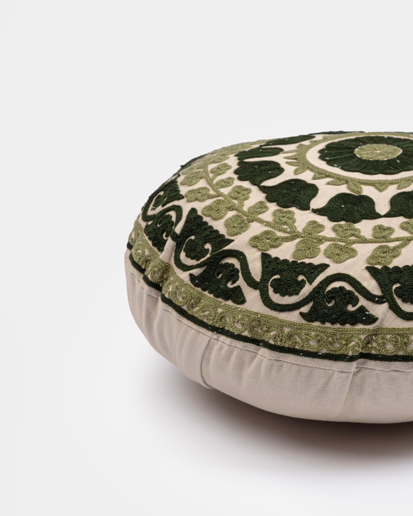 Olive Suzani Pillow Cover Flora 16" Round - Marble Lotus - Suzani Pillow | Green Pillow Cover Flora 16" Round | Made in Jaipur