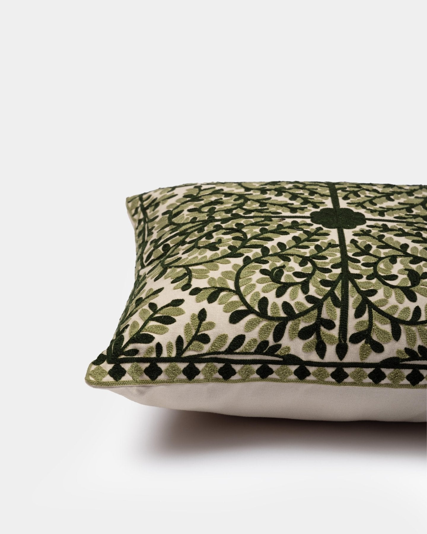 Olive Suzani Pillow Cover Foliage 18x18" - Marble Lotus - Suzani Pillow | Green Pillow Cover Foliage 18x18" | Made in Jaipur