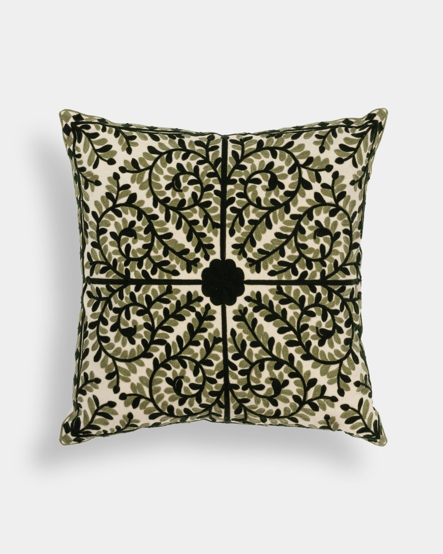 Olive Suzani Pillow Cover Foliage 18x18" - Marble Lotus - Suzani Pillow | Green Pillow Cover Foliage 18x18" | Made in Jaipur