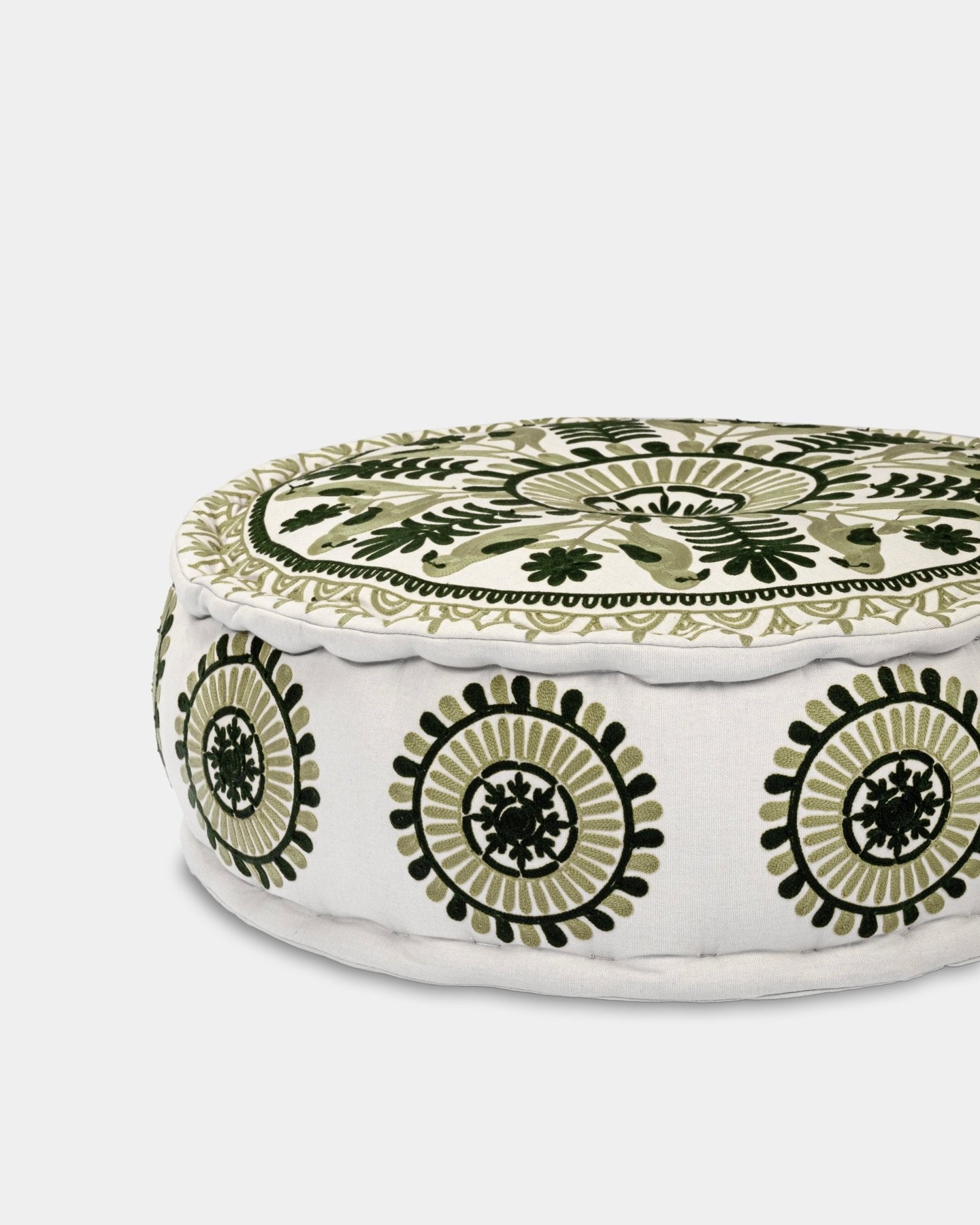 Olive Suzani Pouf Fauna - Marble Lotus - Suzani Ottoman | Meditation Pouf | Stackable Pouf | Green | Handmade