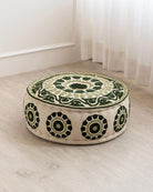 Olive Suzani Pouf Flora - Marble Lotus - Suzani Ottoman | Meditation Pouf | Stackable Pouf | Green | Handmade