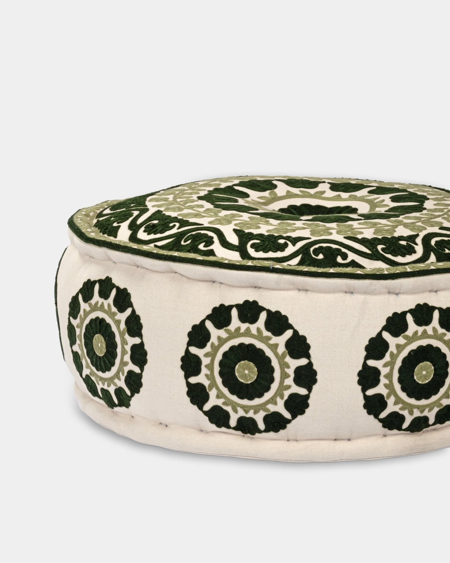 Olive Suzani Pouf Flora - Marble Lotus - Suzani Ottoman | Meditation Pouf | Stackable Pouf | Green | Handmade