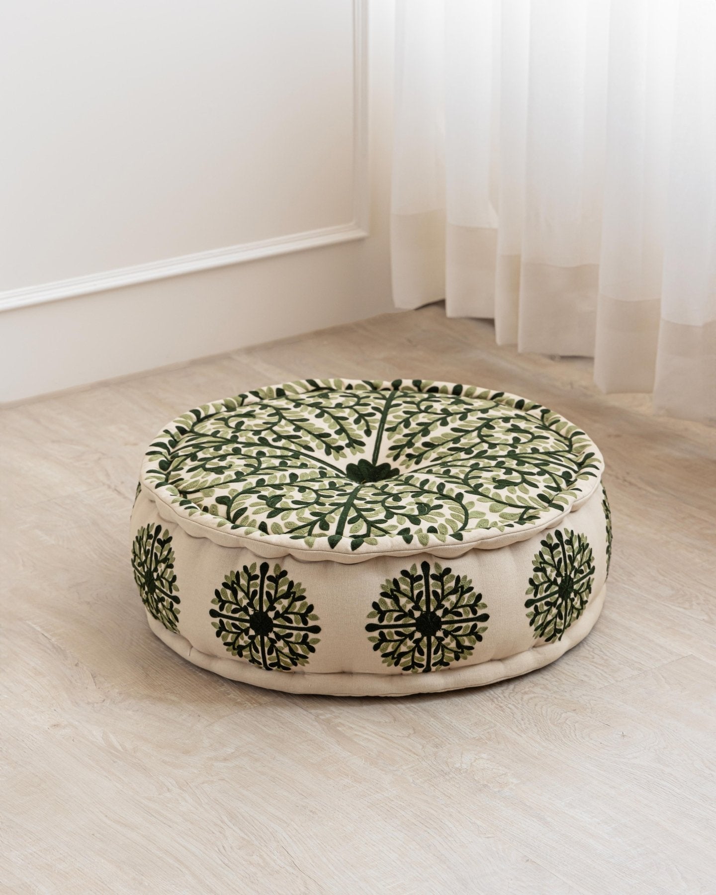 Olive Suzani Pouf Foliage - Marble Lotus - Suzani Ottoman | Meditation Pouf | Stackable Pouf | Green | Handmade