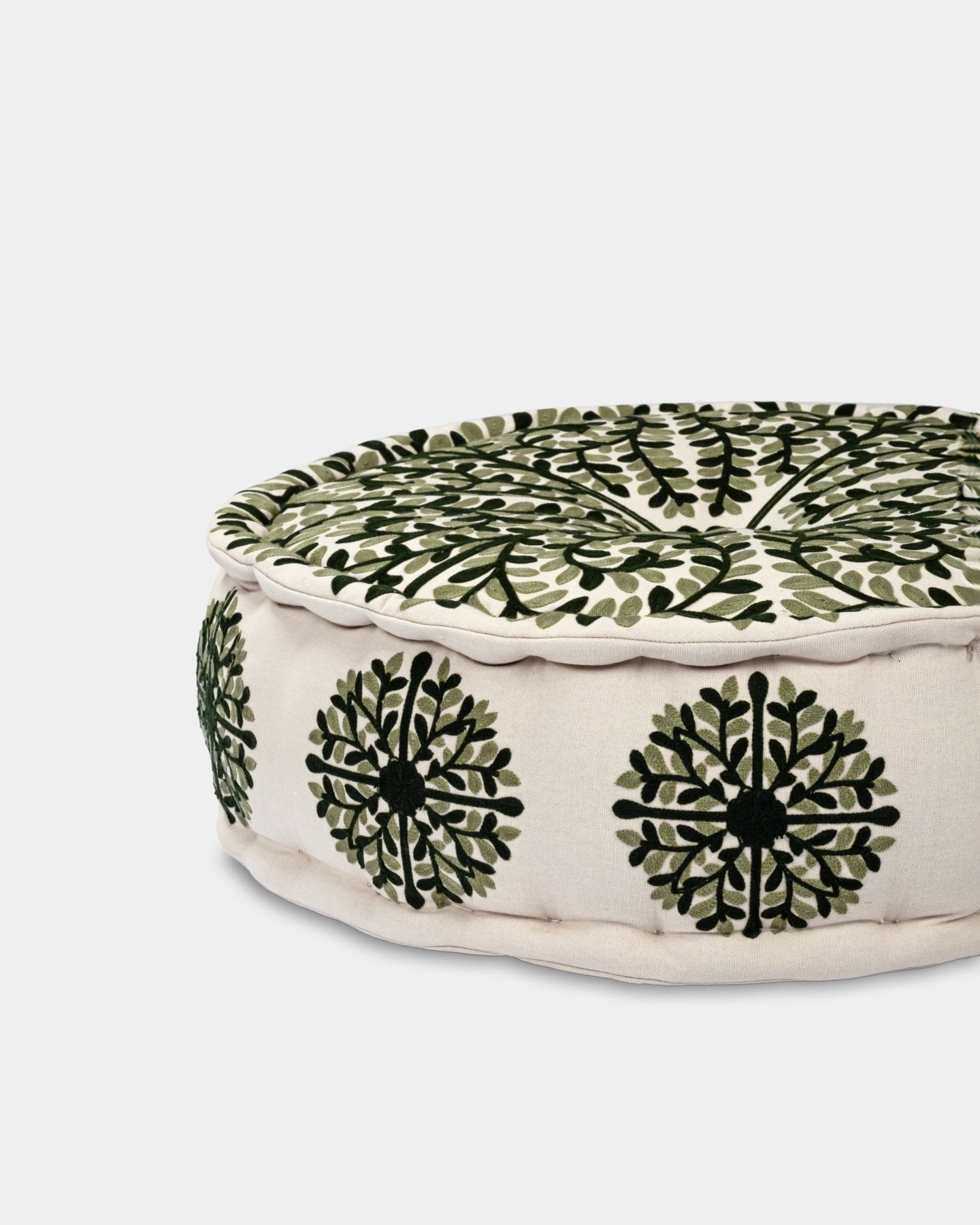 Olive Suzani Pouf Foliage - Marble Lotus - Suzani Ottoman | Meditation Pouf | Stackable Pouf | Green | Handmade