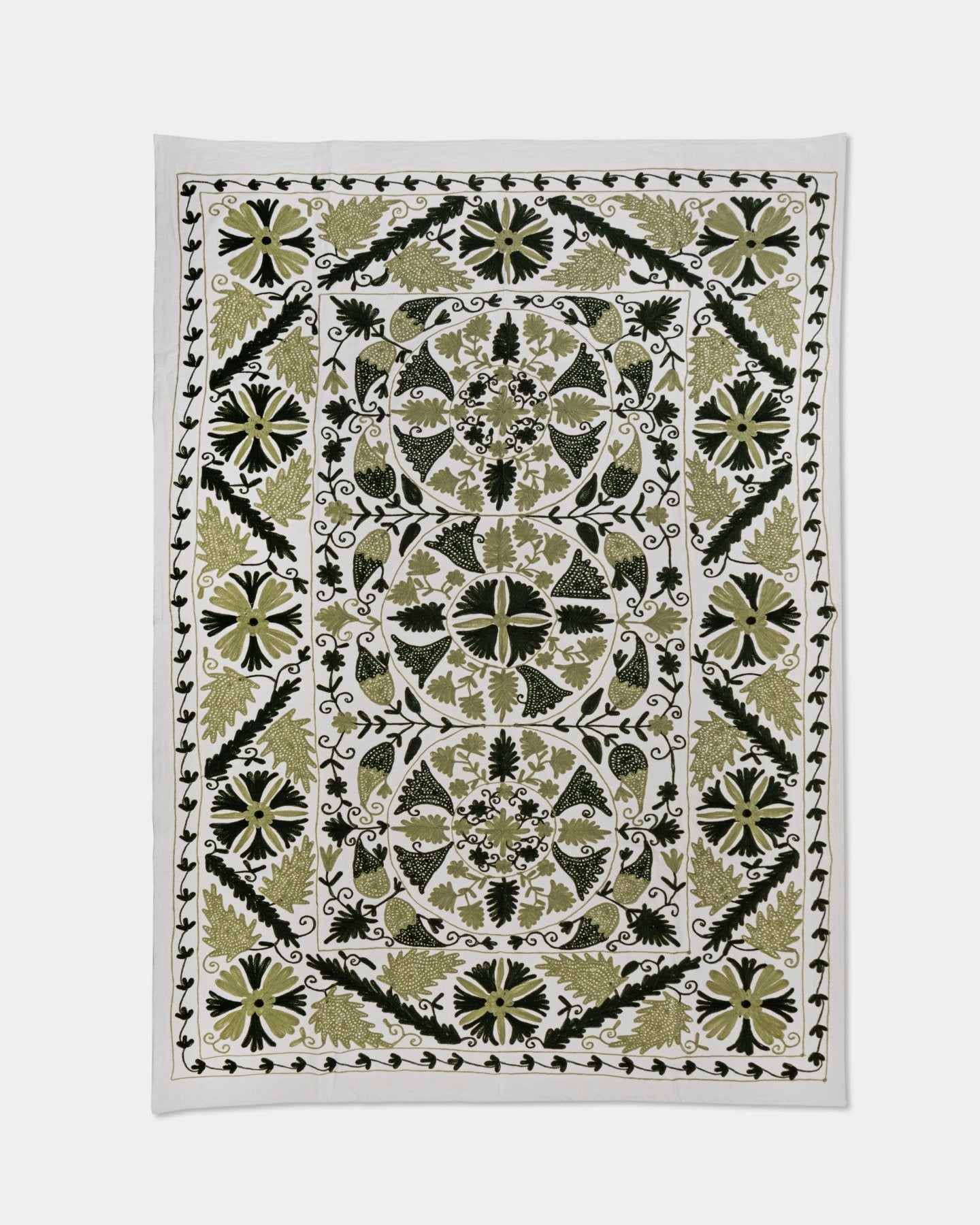 Olive Suzani Tapestry Throw 60x90" - Marble Lotus - Suzani Throw | Green Tapestry Throw 60x90"