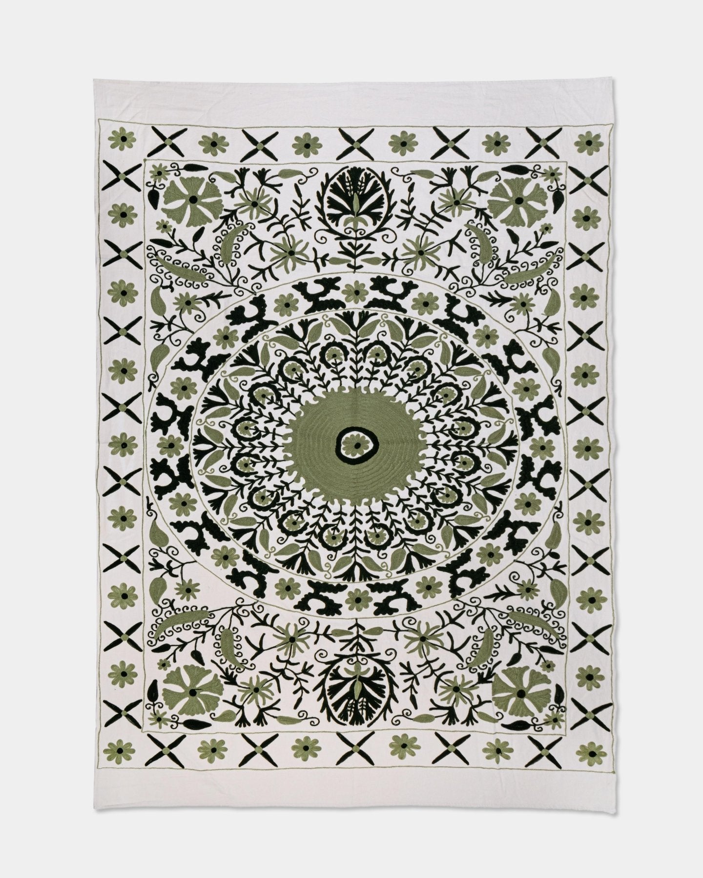 Olive Suzani Tapestry Throw 60x90" - Marble Lotus - Suzani Throw | Green Tapestry Throw 60x90"