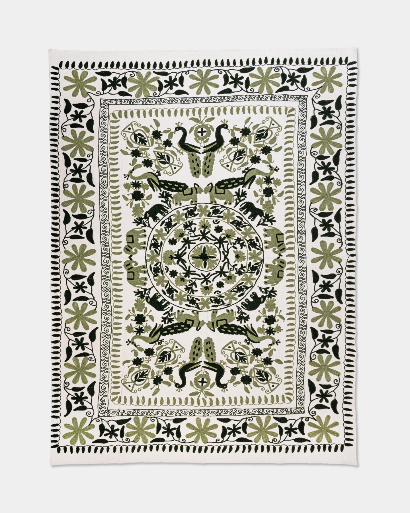 Olive Suzani Tapestry Throw 60x90" - Marble Lotus - Suzani Throw | Green Tapestry Throw 60x90"