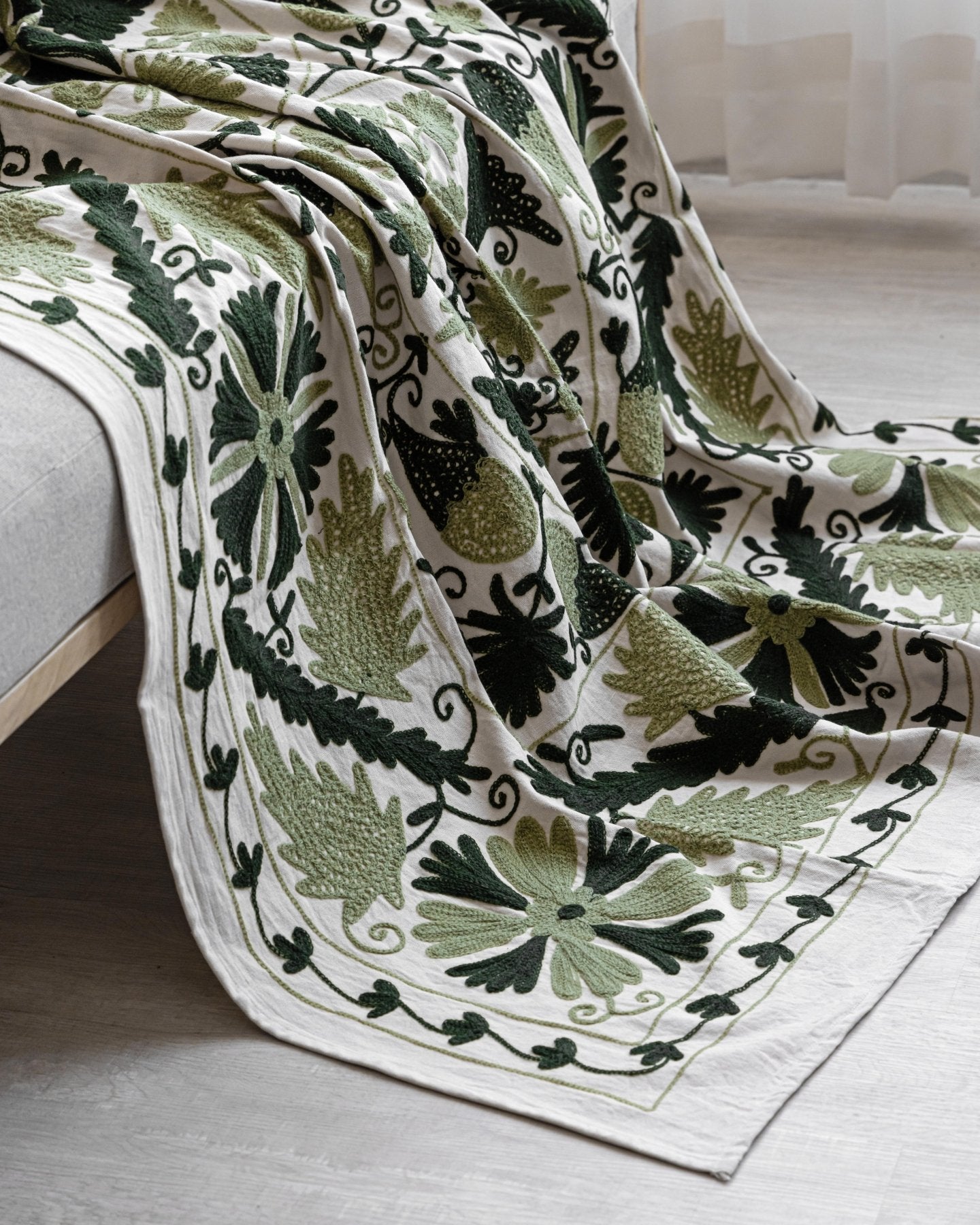 Olive Suzani Tapestry Throw 60x90" - Marble Lotus - Suzani Throw | Green Tapestry Throw 60x90"