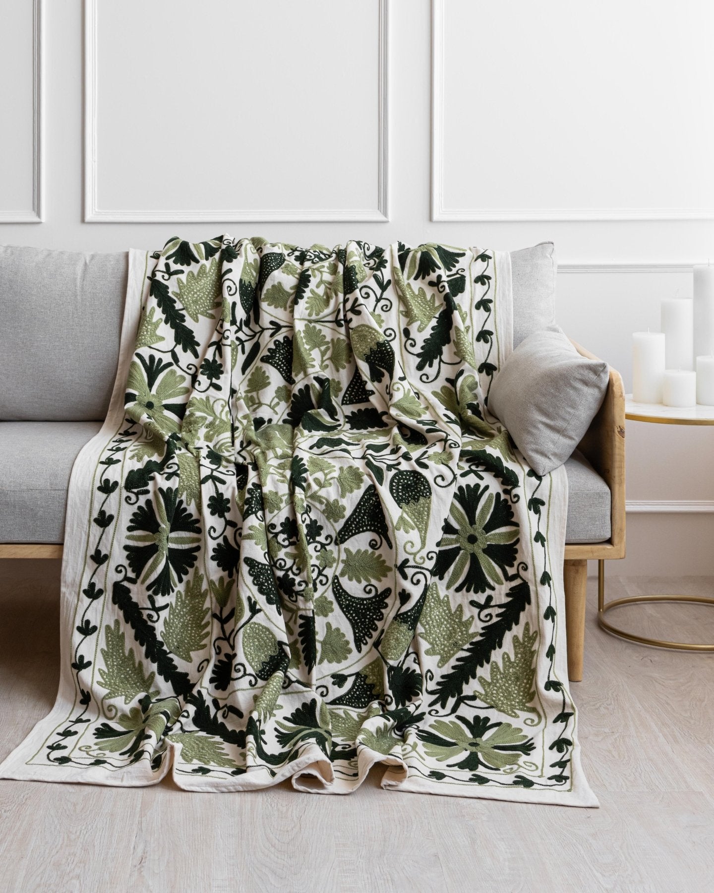 Olive Suzani Tapestry Throw 60x90" - Marble Lotus - Suzani Throw | Green Tapestry Throw 60x90"