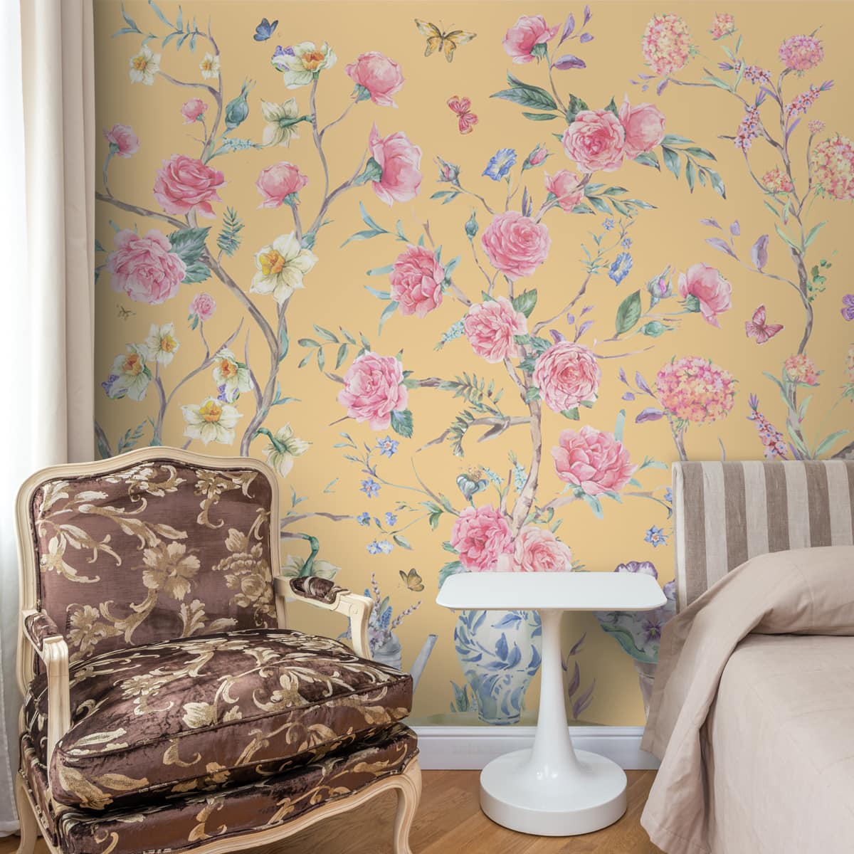 Oriental Yellow Chinoiserie Wallpaper for Walls - Marble Lotus - Oriental Yellow Chinoiserie Wallpaper for Walls