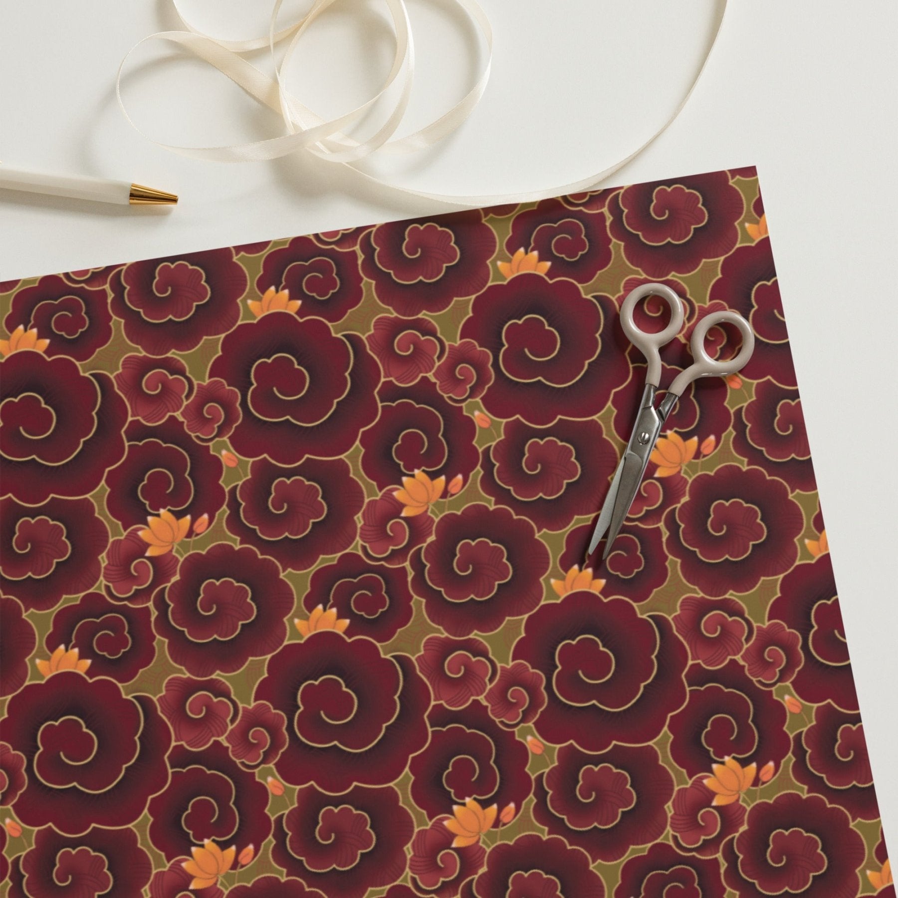 Pichwai Wrapping Paper - Maroon Swirls - Marble Lotus - Wrapping Sheets for Gifts