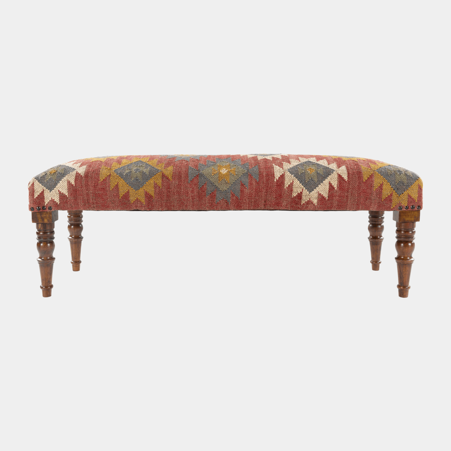 Red Ikat Bench - Marble Lotus - Hand - Woven Red Ikat Wooden Bench