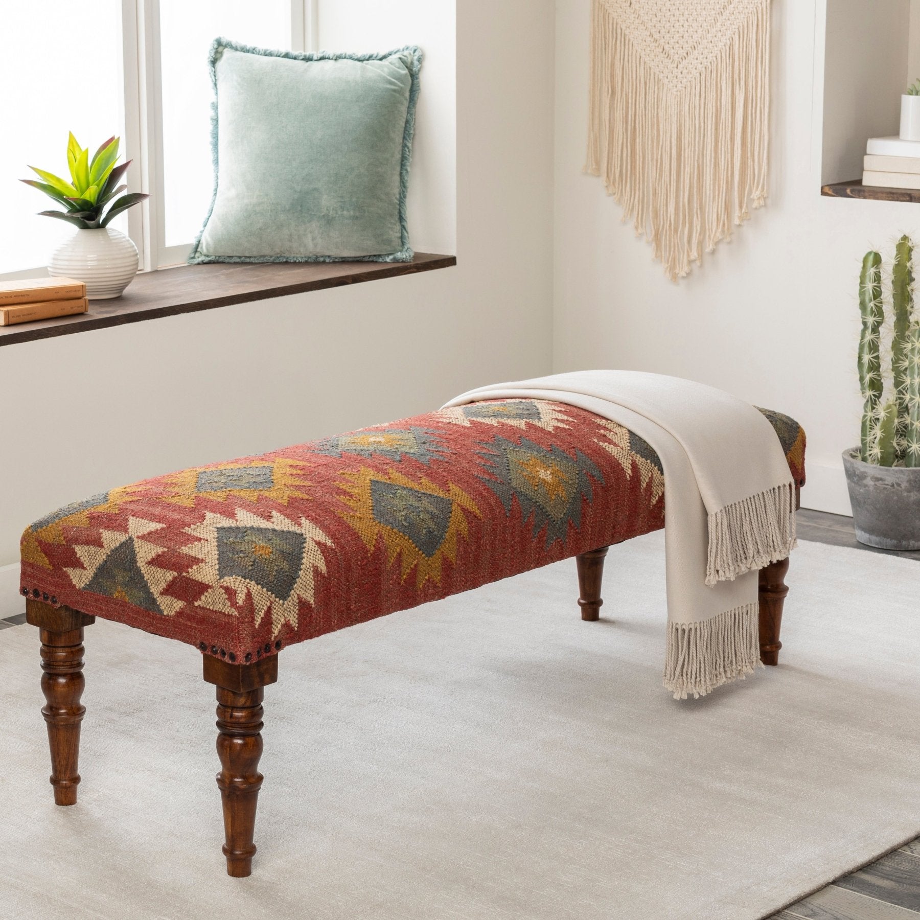 Red Ikat Bench - Marble Lotus - Hand - Woven Red Ikat Wooden Bench