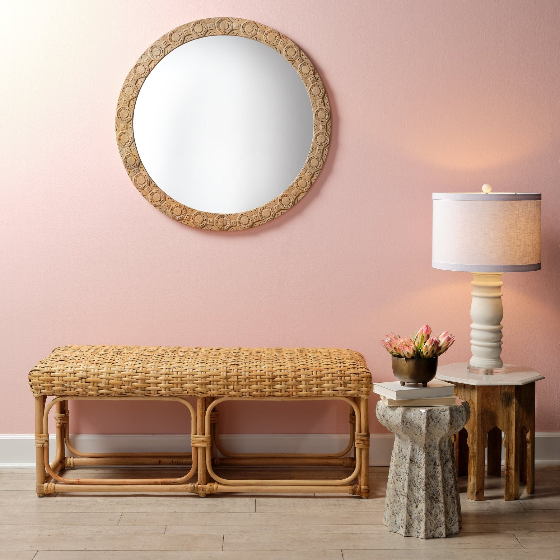 Relief Wood Carved Round Mirror - Marble Lotus - Relief Wood Carved Round Mirror