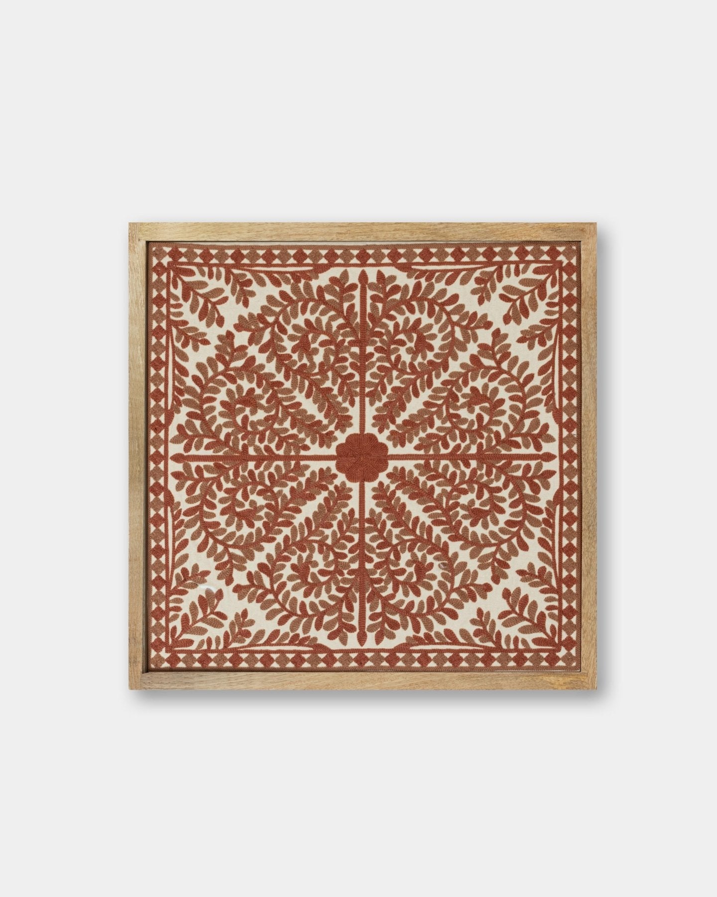 Rust Framed Suzani Textile 16x16" - Marble Lotus - Suzani Textile | Red Framed Textile Art 16x16"