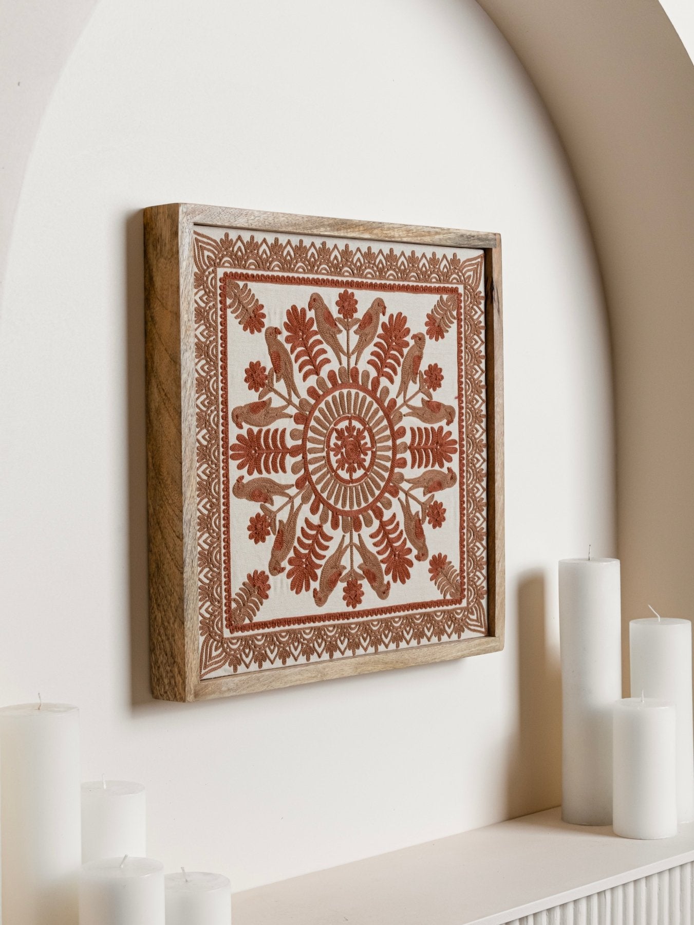 Rust Framed Suzani Textile 16x16" - Marble Lotus - Suzani Textile | Red Framed Textile Art 16x16"