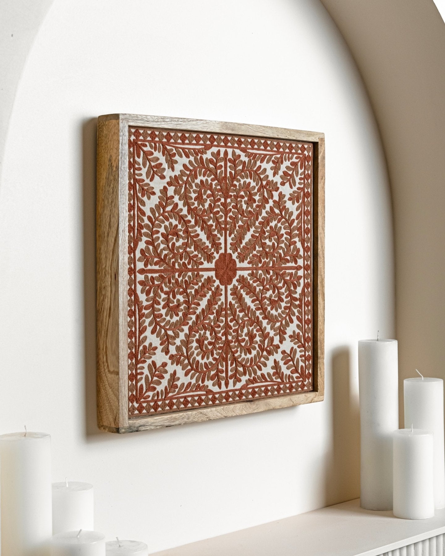 Rust Framed Suzani Textile 16x16" - Marble Lotus - Suzani Textile | Red Framed Textile Art 16x16"