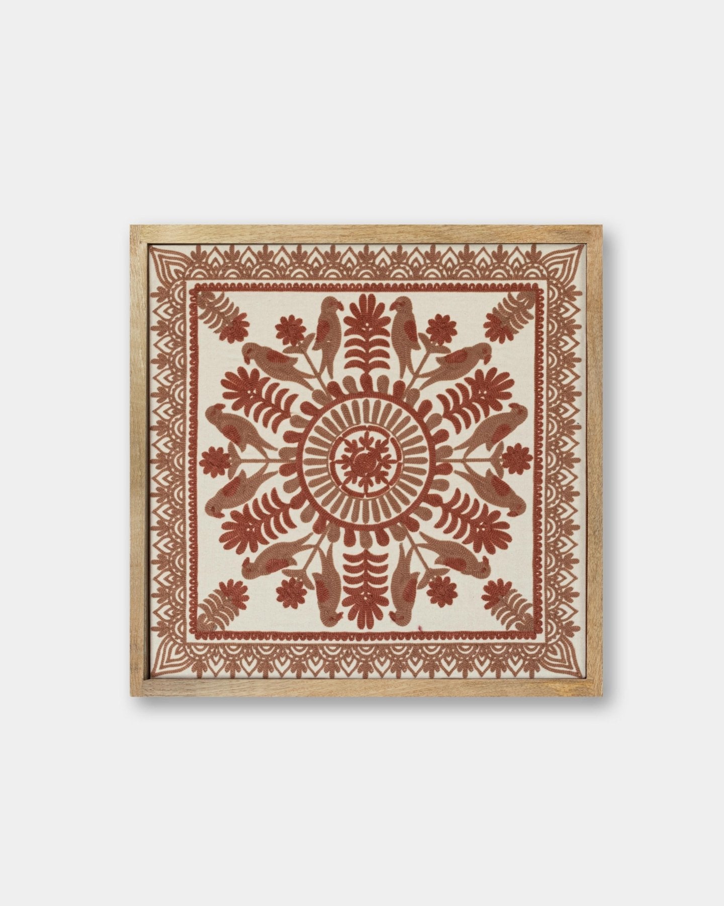 Rust Framed Suzani Textile 16x16" - Marble Lotus - Suzani Textile | Red Framed Textile Art 16x16"