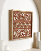 Rust Framed Suzani Textile 16x16" - Marble Lotus - Suzani Textile | Red Framed Textile Art 16x16"