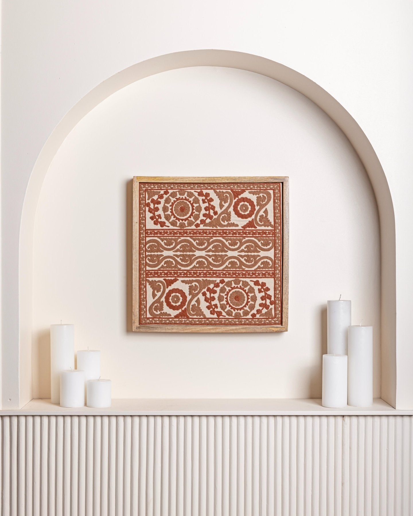 Rust Framed Suzani Textile 16x16" - Marble Lotus - Suzani Textile | Red Framed Textile Art 16x16"