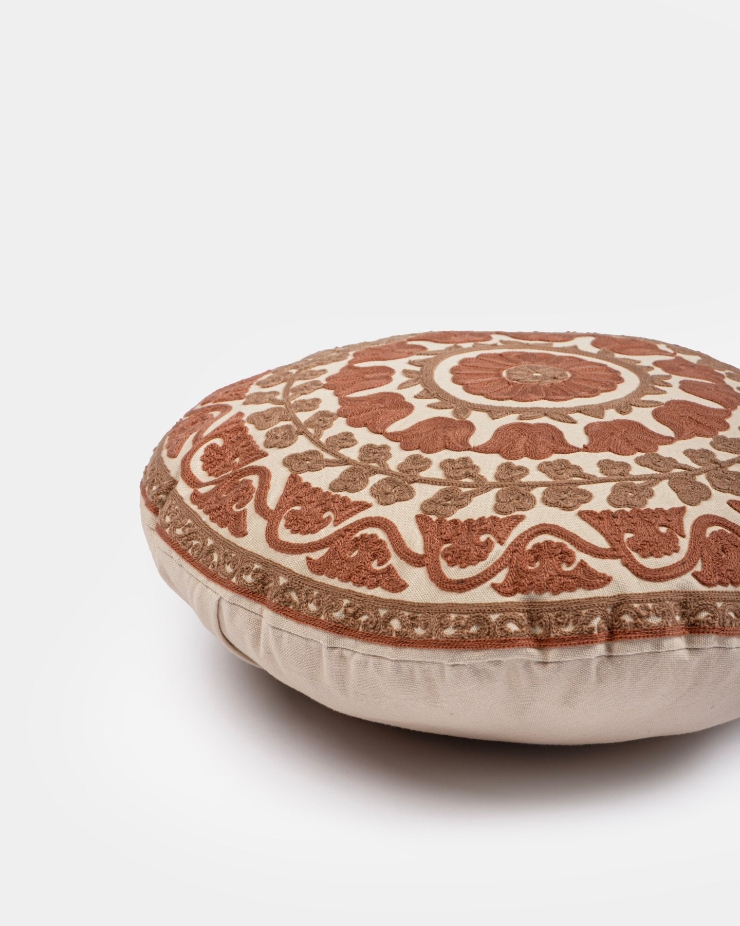 Rust Suzani Pillow Cover Flora 16" Round - Marble Lotus - Suzani Pillow | Red Pillow Cover Flora 16" Round | Made in Jaipur