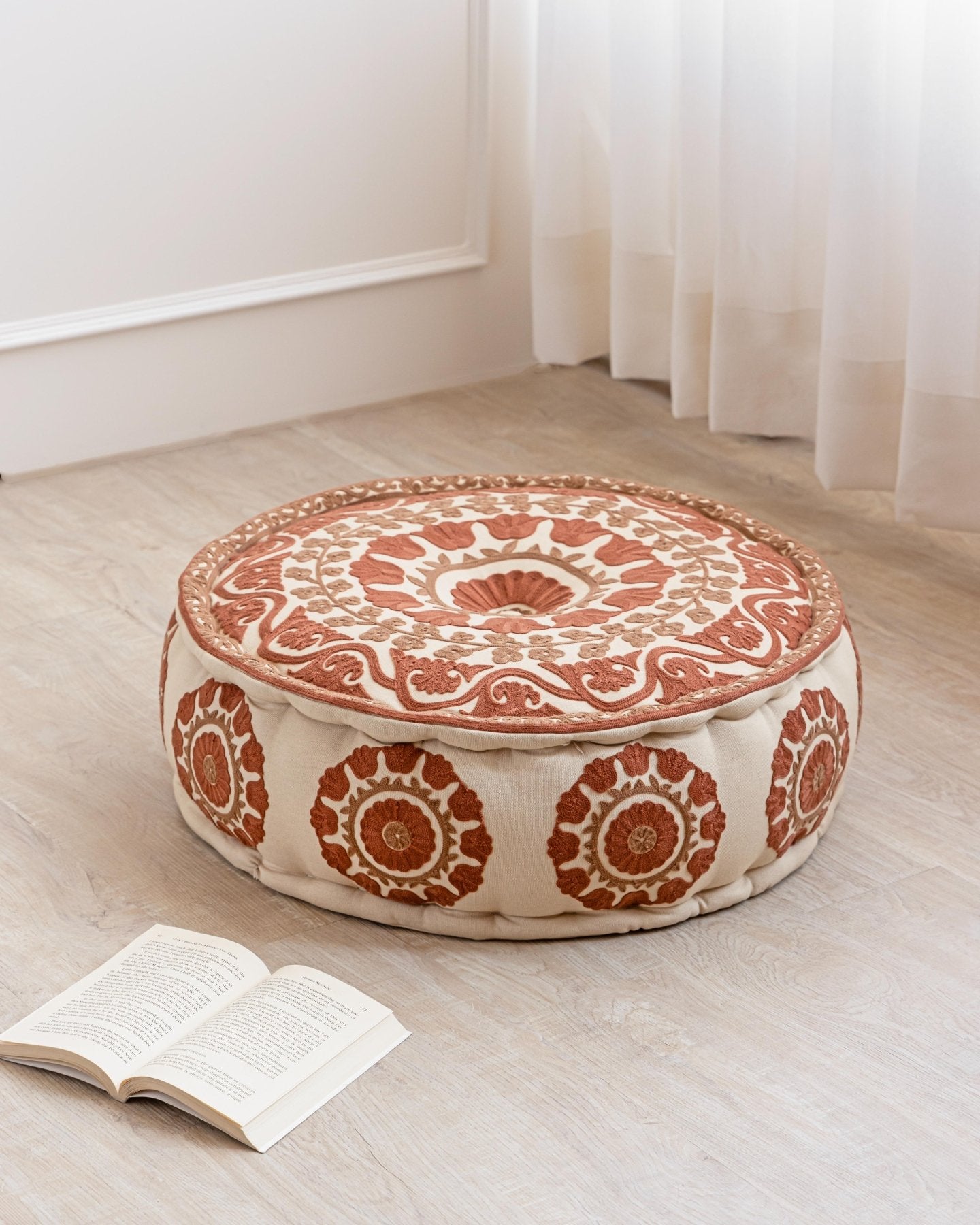 Rust Suzani Pouf Flora - Marble Lotus - Suzani Ottoman | Meditation Pouf | Stackable Pouf | Red | Handmade