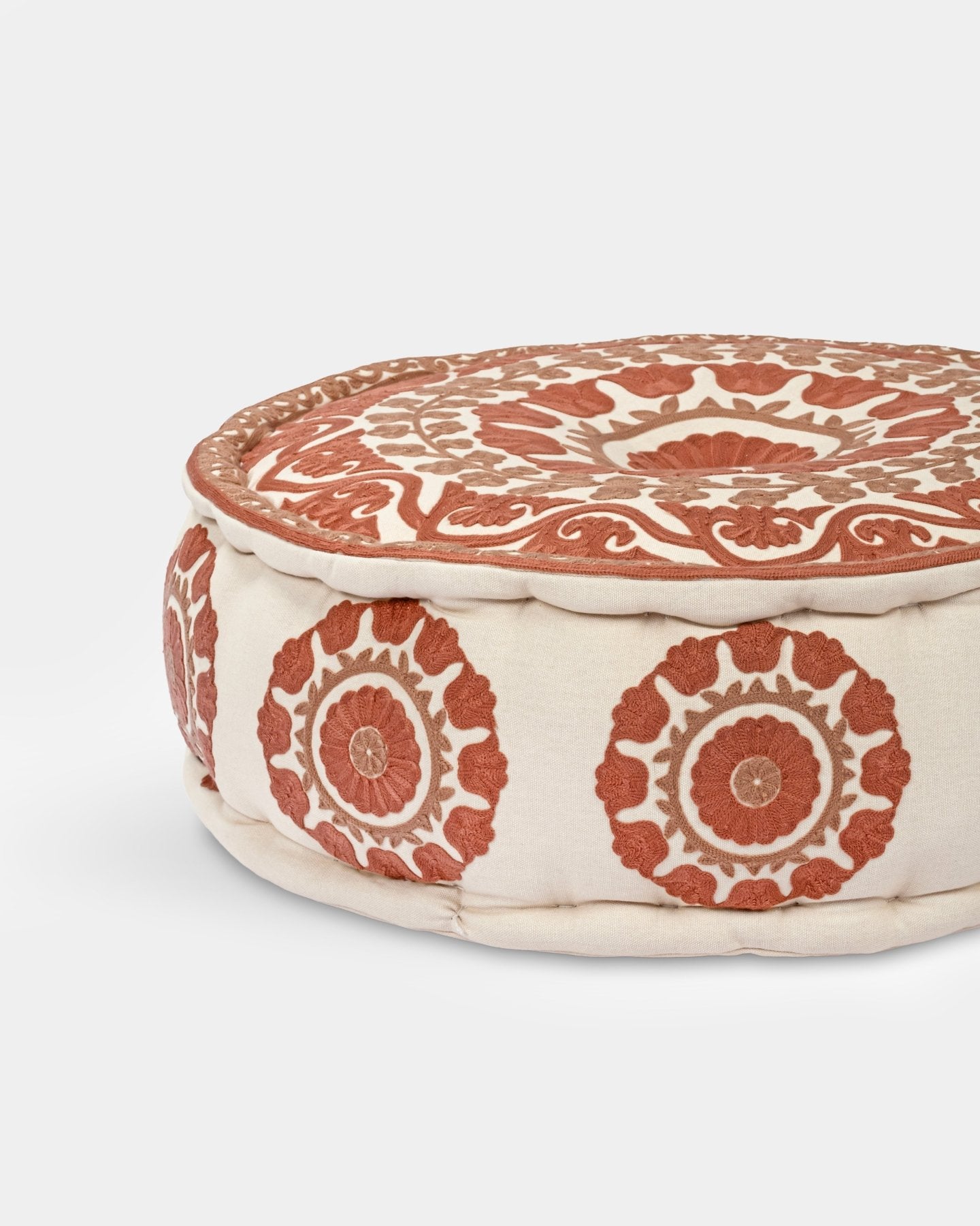 Rust Suzani Pouf Flora - Marble Lotus - Suzani Ottoman | Meditation Pouf | Stackable Pouf | Red | Handmade