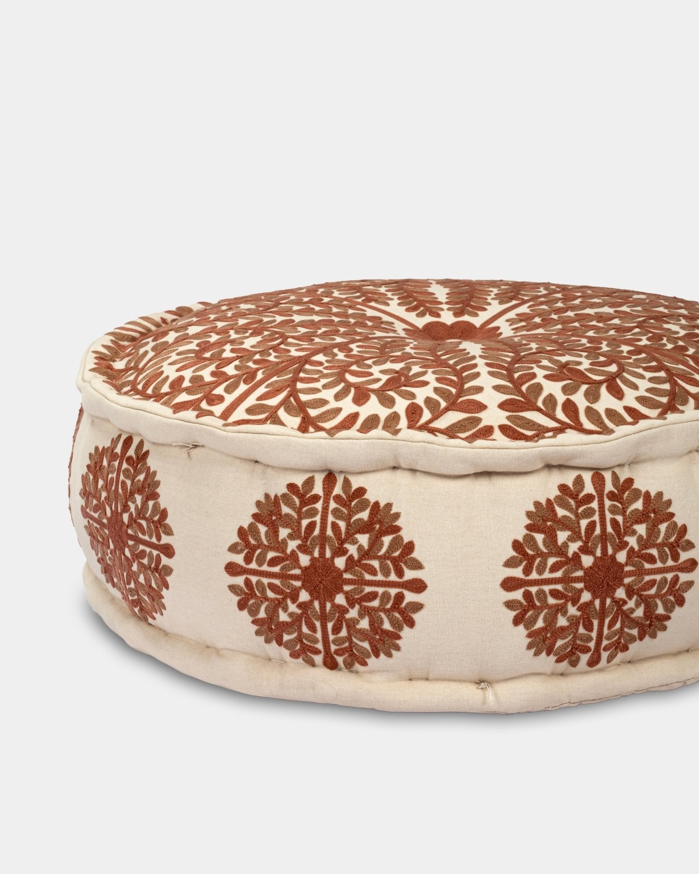 Rust Suzani Pouf Foliage - Marble Lotus - Suzani Ottoman | Meditation Pouf | Stackable Pouf | Red | Handmade